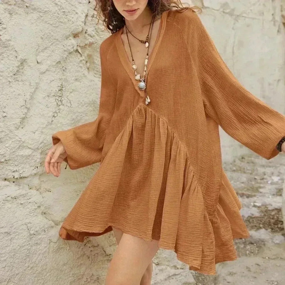 Khaki Boho Women's Lantern Sleeve Back Tie-Up Dress Clothing - Picture 6 of 8